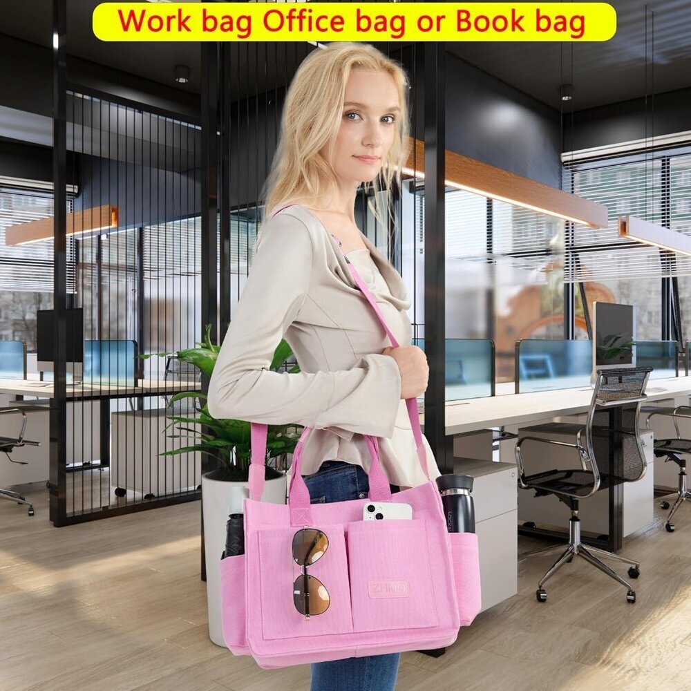 Women's Plus Pink Imported Canvas Laptop Crossbody Work Large Tote Handbags - Picture 5 of 7